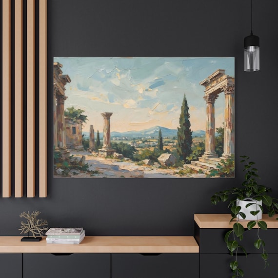 Ancient Ruins Canvas Print - Classical Landscape Wall Art - Impasto Roman Columns Print - Mediterranean Decor - Vintage Greek Art Print