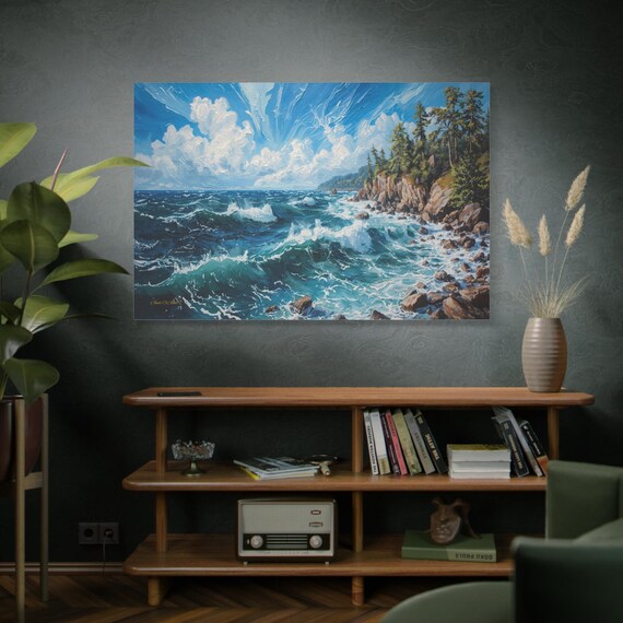 Great Lakes Canvas Print - Rugged Coastal Landscape - Impasto Wave Print - Pine Tree Art - Lake House Wall Decor - Blue Water Seascape