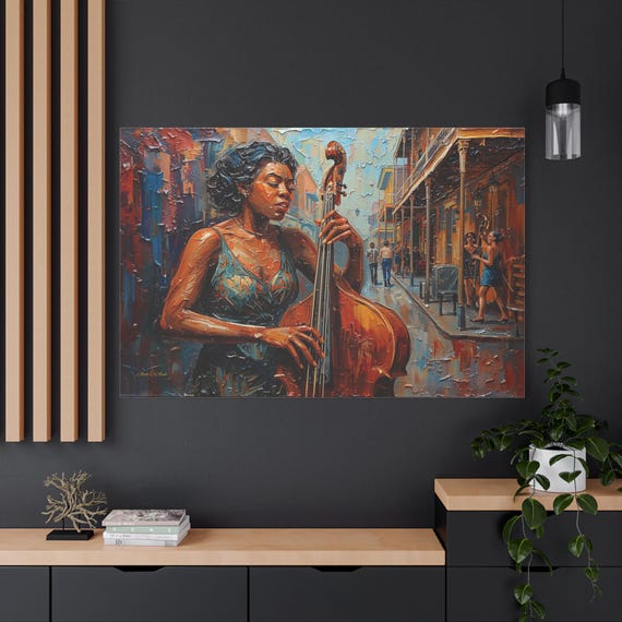 Female Jazz Bass Player Canvas Print - New Orleans Music Art - Impasto Style Double Bass Painting - Musician Gift - Music Room Decor