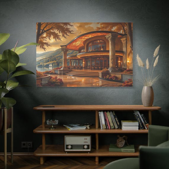 Golden Hour Villa, Luxury Home Decor, Golden Hour Art, Architectural Print, Autumn Landscape, Dream Destination, Fine Dining Art.