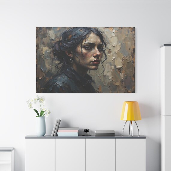 Moody Woman Portrait Canvas Print - Expressive Female Art - Impasto Face Print - Dark Academia Decor - Emotional Fine Art - Edgy Decor