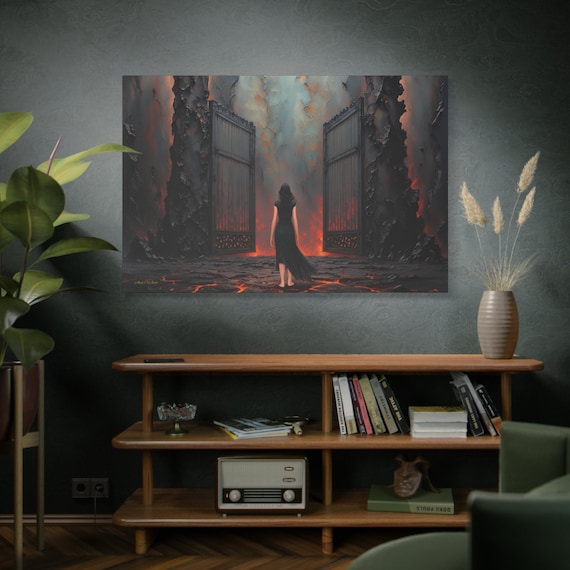 The Threshold, Woman at Fiery Gates Matte Canvas Print, Dark Fantasy, Gothic Wall Art, Gateway Print, Mystical Art.