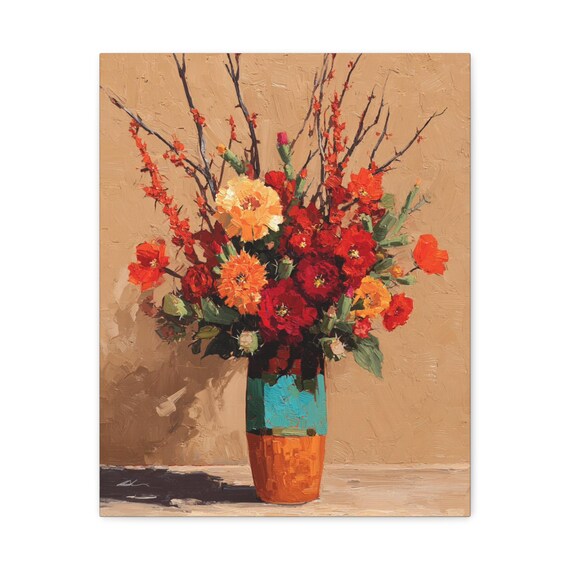 Southwestern Floral Canvas Print - Vibrant Desert Blooms Art - Impasto Still Life Decor - Teal and Orange Vase - Boho Rustic Wall Art