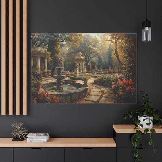 Grand Estate Garden Canvas - Victorian Landscape Art - Classical Fountain Print - Romantic Gazebo Print - European Courtyard Decor