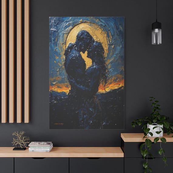 Romantic Couple Canvas Print - Impasto Lovers Print - Blue and Gold Wall Decor - Celestial Embrace Art - Anniversary Gift - 3D Look Art