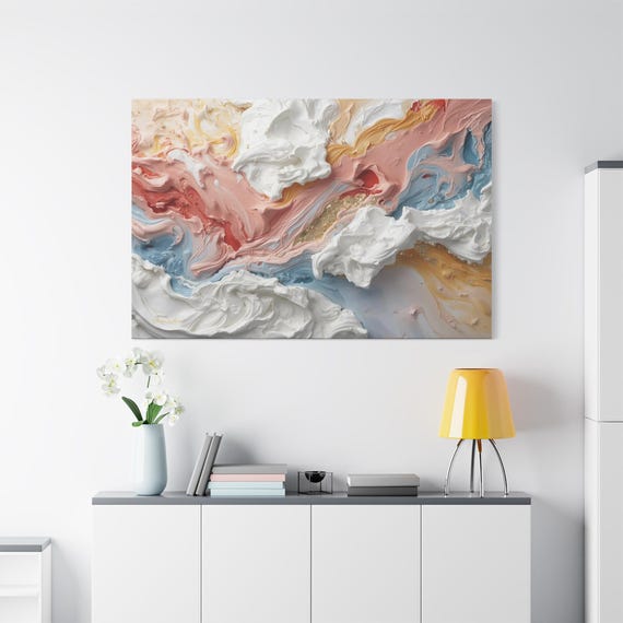 Pastel Abstract Canvas Print - Impasto Texture Look Art - Gold Leaf Effect Canvas - Pink and Blue Swirl Wall Art - Modern Faux Plaster Decor