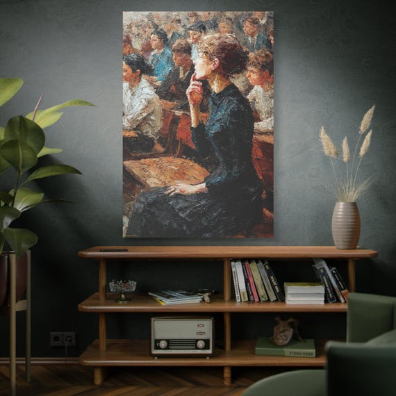 Lecture Light, Elegant Stretched Canvas Artwork - Thoughtful Woman in Class, Art Decor for Home, Office, or Gallery, Gift for Art Lovers.