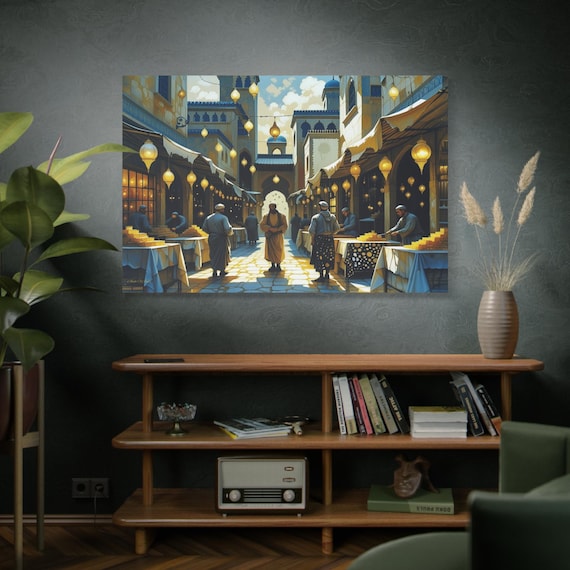 Souk Twilight Glow, Middle Eastern Market Scene Canvas Print | Stretched Matte Canvas Wall Art, Ethnic Home Decor, Boho Wall Art.