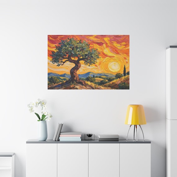 Vibrant Olive Tree Landscape Canvas Print -Impasto Sunset Wall Art - Swirling Sky Painting -Post Impressionist Decor -Tuscan Countryside Art