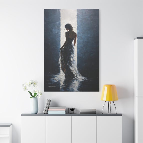 Woman Standing in Light Canvas Print - Moody Silhouette Art - Impasto Blue & White Painting - Spiritual Hope Decor - Elegant Female Figure