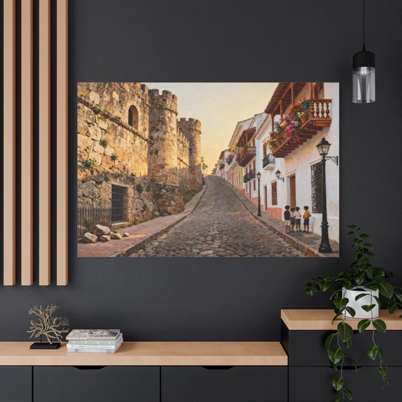 Historic Cobblestone Street Canvas Print – Old World Fortress Architecture Wall Art