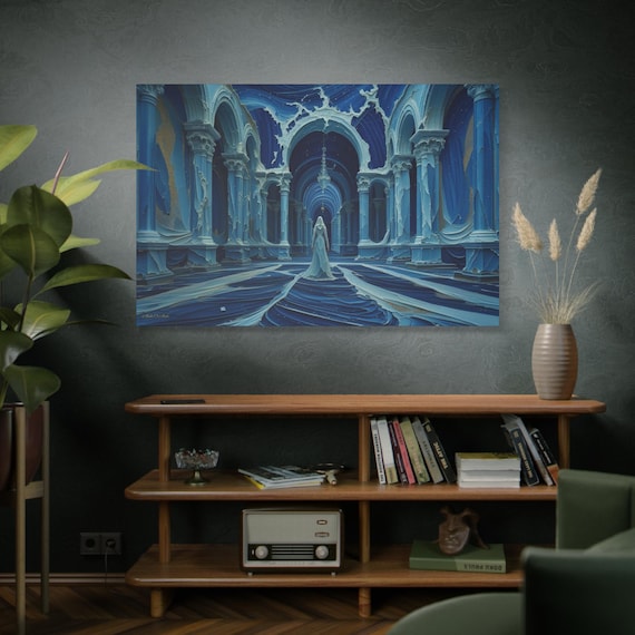 The Azure Tides,  Blue Cathedral artwork Matte Canvas Print, Living Room Art, Gothic Decor, Medieval Art, Gallery Wall.