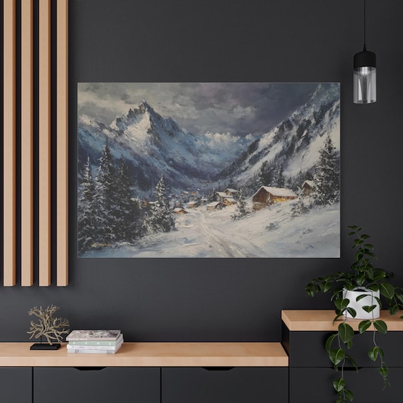 Moody Winter Village Canvas - Impasto Snowy Mountain Landscape - Cozy Cabin Decor - Dark Winter Wall Art - Alpine Scenery - Ski Lodge Print