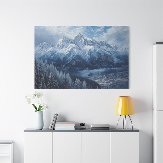Panoramic Mountain Canvas - Snowy Landscape Art - Winter Valley Print - Large Ski Lodge Decor - Blue and White Wall Art - Nature Print