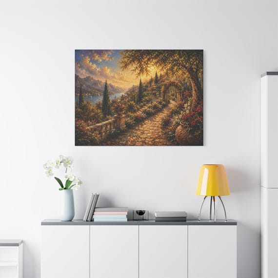 Italian Villa Garden Canvas - Mediterranean Lake Landscape - Tuscan Wall Art - Impasto Sunset Print - Romantic Floral Arch Decor