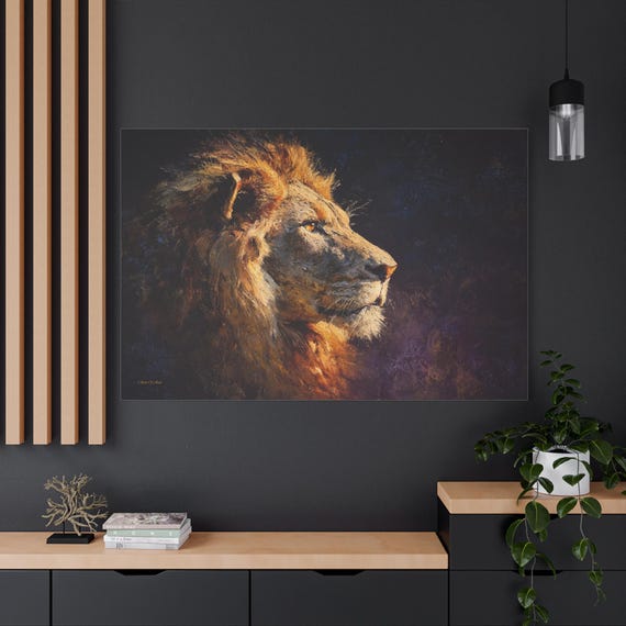Majestic Lion Canvas Print - Impasto Wildlife Art - Dark Moody Animal Portrait - Masculine Office Decor - Safari Wall Art - The King