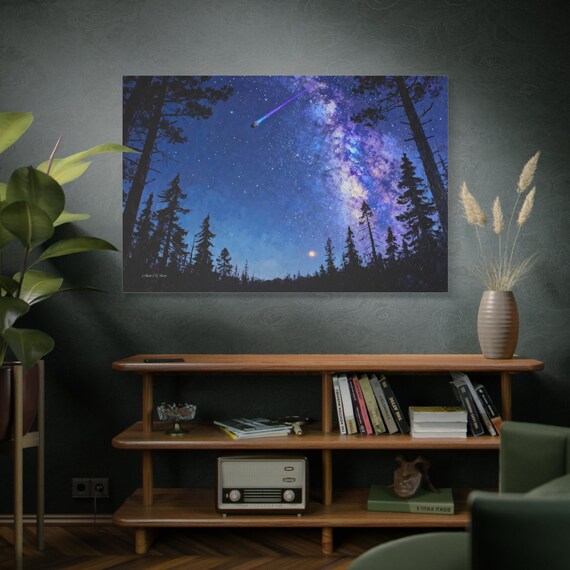 Galaxy Forest Canvas Print - Night Sky Wall Art - Impasto Shooting Star Print - Purple & Blue Bedroom Decor - Camping Lover Gift