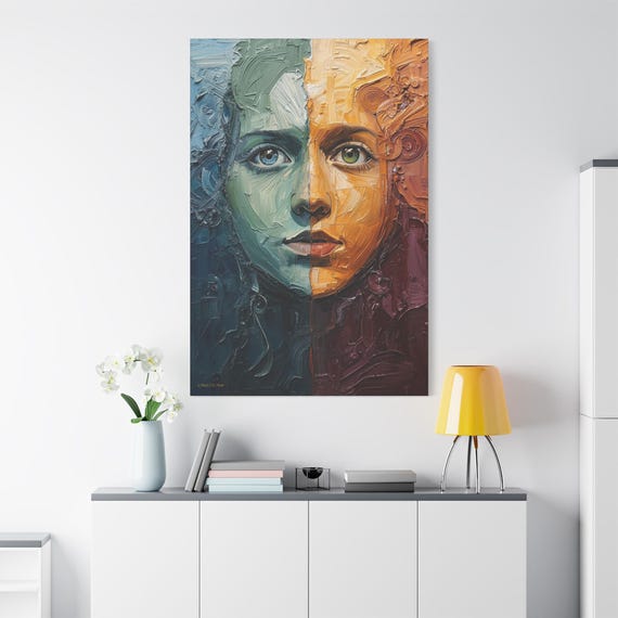 Two Halves One Gaze, Duality Face Canvas Wall Art, Unique Home Décor, Contemporary Art, Colorful Expression, Gift for Art Lovers
