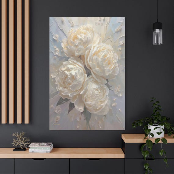 White Peony Canvas Print - Textured Floral Wall Art - Neutral Botanical Decor - Impasto Flower Print - Romantic Bedroom Art - 3D Look Print