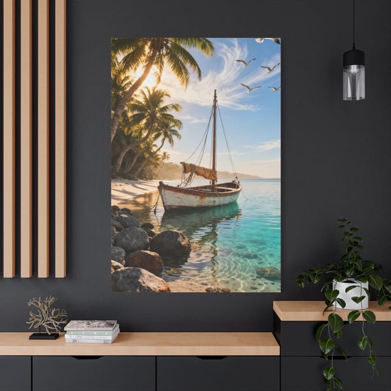 Coastal Boat Canvas Print: Serene Beach Scene, Tropical Home Decor (40"x60")