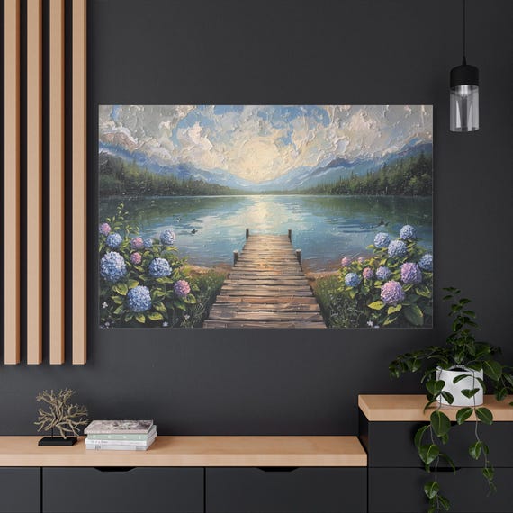 Lake House Wall Art - Hydrangea Canvas Print - Impasto Mountain Lake Canvas - Wooden Dock Landscape - Cottagecore Decor - Textured Look