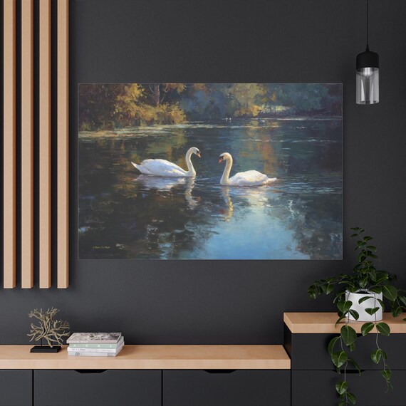 Romantic Swan Couple Canvas - Impressionist Pond Wall Art - Serene Lake Print - French Country Decor - Elegant Bird Art - Impasto Print