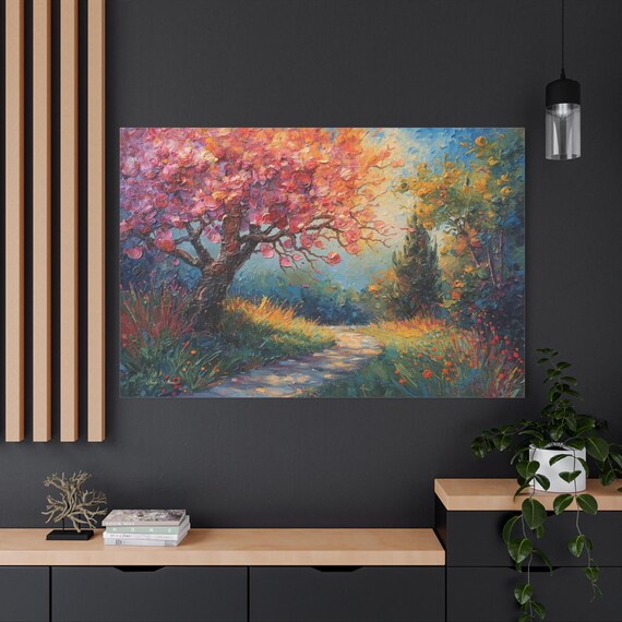 Spring Blossom Tree Canvas Print - Colorful Garden Path Art - Impasto Style Nature Painting - Pink and Blue Wall Decor - Whimsical Landscape
