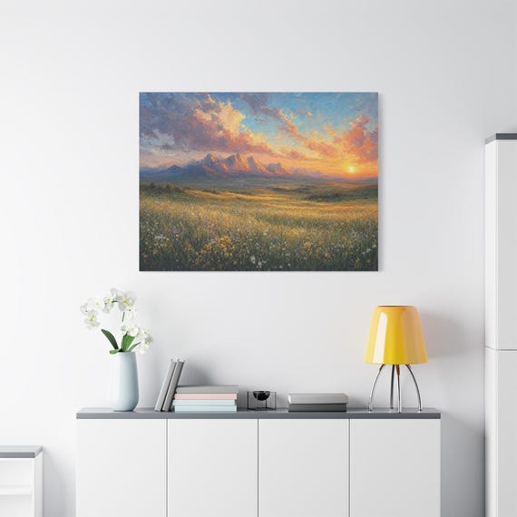 Mountain Sunset Canvas Print - Moody River Valley Wall Art - Heavy Impasto Landscape Print - Modern Cabin Decor - Majestic Nature Artwork