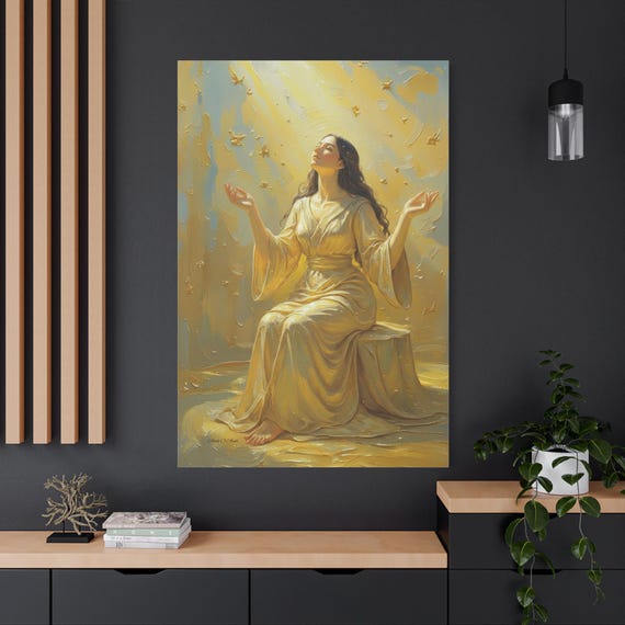 Radiant Light Canvas Print - Divine Feminine Art - Ethereal Woman Print - Golden Spiritual Decor - Impasto Angelic Art - Healing Space Print