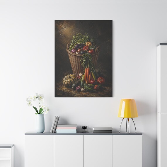 Moody Vegetable Harvest Still Life Canvas Print | Heavy Impasto Rustic Kitchen Wall Art | Farmhouse Dining Room Decor | Lux Design by Audi