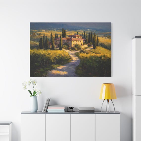 Tuscan Landscape Canvas Print - Italy Villa Wall Art - Impasto Vineyard Print - European Summer Decor - Golden Hour Art - Cypress Trees