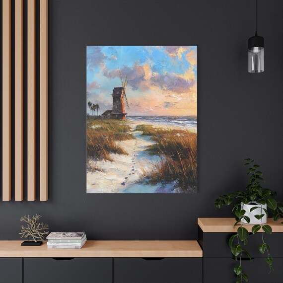 Coastal Windmill Canvas Print - Impasto Beach Landscape Art - Rustic Seaside Decor - Pastel Sunset Canvas - Beach House Wall Art - Ocean