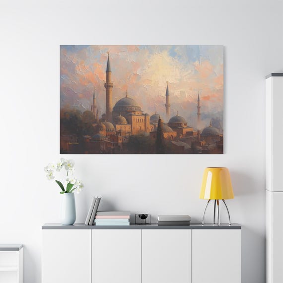 The Great Mosque Canvas Print - Istanbul Skyline Art - Impasto Sunset Print - Pastel Islamic Decor - Minaret & Dome Wall Art