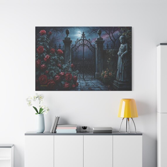 Secret Garden at Midnight | Moonlit Iron Gate Canvas Art | Romantic Gothic Decor | Blue and Red Wall Art