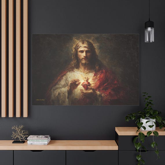 Sacred Heart of Jesus Canvas - Catholic Wall Art - Impasto Christian Print - Traditional Religious Decor - Chiaroscuro Jesus Print