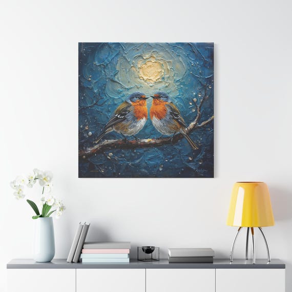 Love Birds Canvas Print - Romantic Couple Wall Art - Impasto Bird Print - Starry Night Decor - Anniversary Gift - Blue and Orange Art