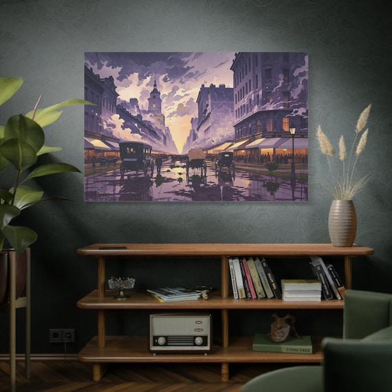 Twilight of the Carriage Age, Vintage City Streetscape Matte Canvas Print, Rainy Street Day, Modern Wall Decor, Living Room Art.