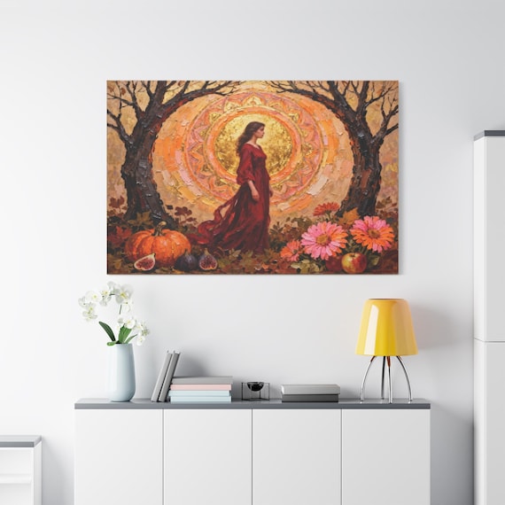Harvest Goddess Canvas Print - Autumn Lady Print - Impasto Kitchen Art - Pumpkin & Fig Decor - Thanksgiving Wall Art - Fall Season Gift