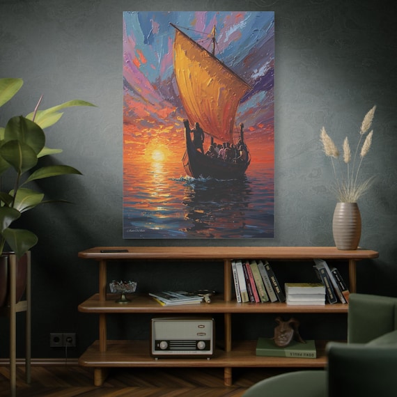 Voyage of the Ember Veil, Sailboat Sunset Painting Canvas Print, Sail Boat Art, Sunset Painting, Stretched Canvas.