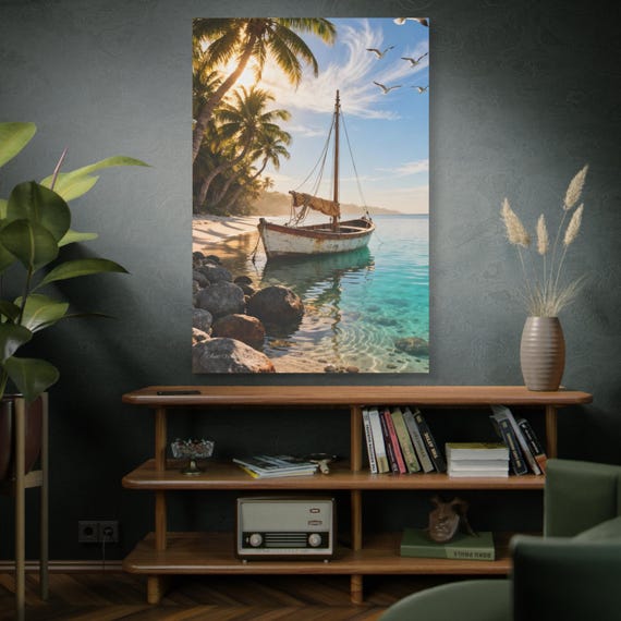 Serene Coastal Boat Wall Art, Beach Decor, Nautical Canvas Print, Tropical Home Decoration, Gift for Ocean Lovers. Size 40"X60"