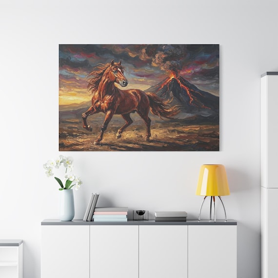 Galloping Horse Canvas Wall Art - Dramatic Volcano Background - Impasto Oil Painting Style - Powerful Animal Decor for Office