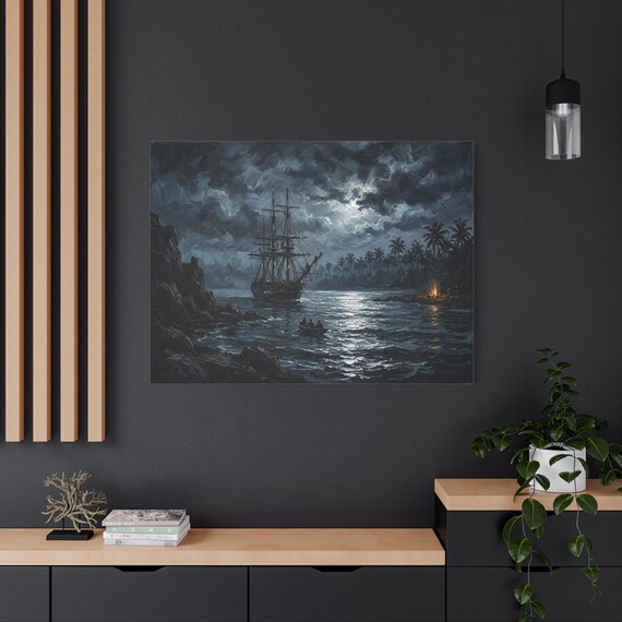 Moody Ship Canvas Print - Impasto Nautical Wall Art - Dark Academia Seascape - Moonlit Ocean Canvas - Maritime Decor - Tall Ship