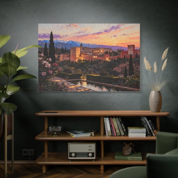 Alhambra Canvas Print - Spain Landscape Art - Granada Palace Canvas - European Travel Decor - Sunset Castle Wall Art - Mediterranean Art