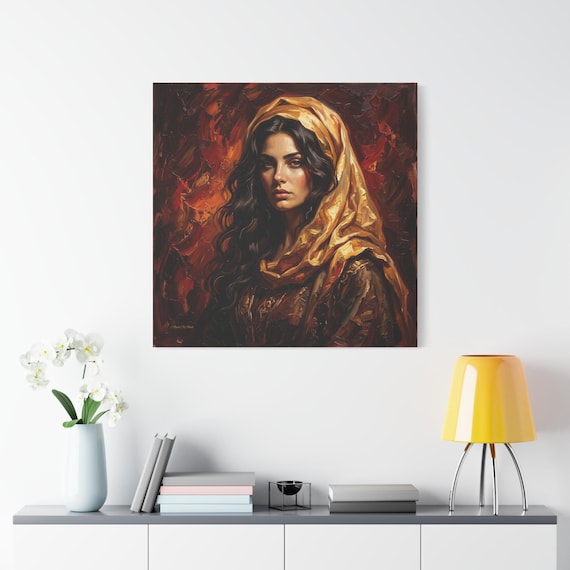 Golden Veil Woman Portrait Canvas Print - Moody Wall Art - Impasto Female Print - Dark Academia Decor - Warm Red and Gold Art