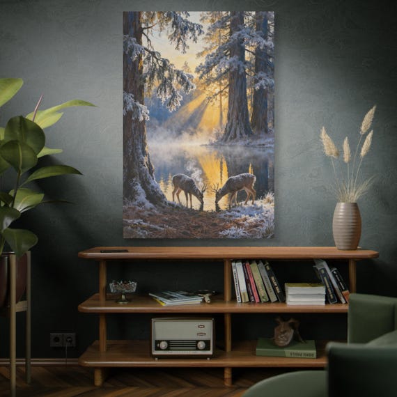 Frostlight at the Drinking Pool, Nature Decor, Rustic Home Decoration, Animal Lovers Gift, Stretched Matte Canvas. Size 40"X60"