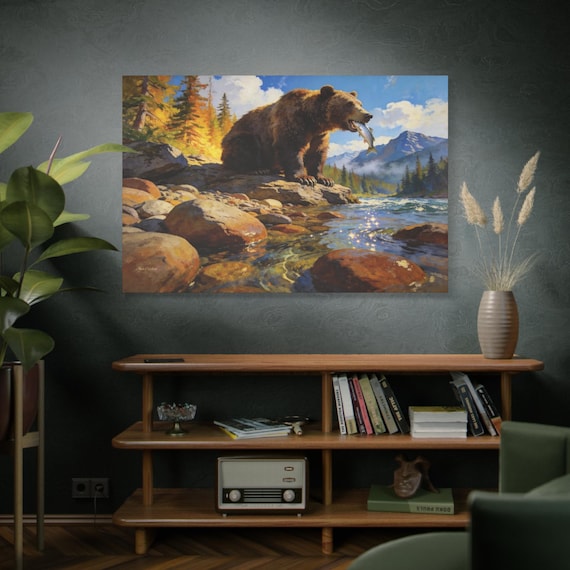 Wildlife Painting, Grizzly Bear Print, Rustic Home Decor, Cabin Wall Art, Mountain Landscape, Nature Lover Gift, Fishing Art, River Scenery.