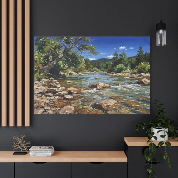 Mountain River Canvas Print - Rushing Stream Landscape - Impasto Style Nature Painting - Rustic Cabin Decor - Peaceful Water Art