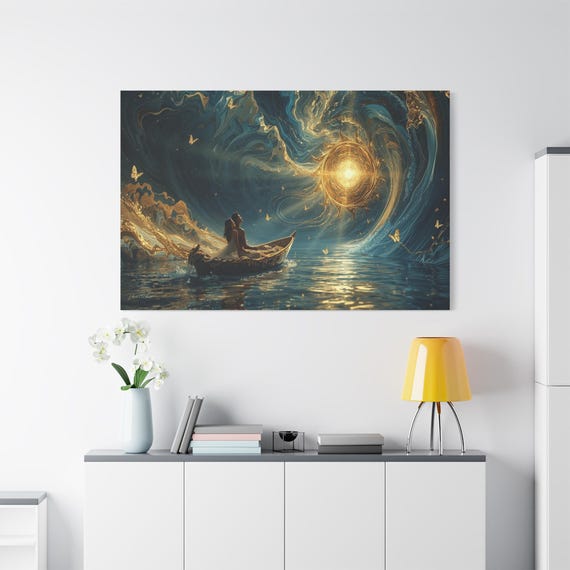 The Golden Voyage, Fantasy Art, Couple in Boat, Romantic Wall Art, Surreal Seascape, Magical Realism, Dreamy Art, Wedding Gift Art.