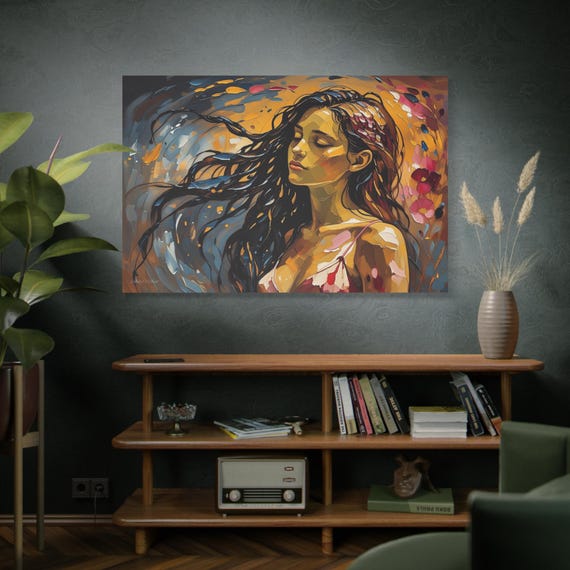 Golden Whispers, Tranquil Woman Portrait Canvas Print,  Matte Stretched Wall Art, Living Room Art, Ethereal canvas Print.