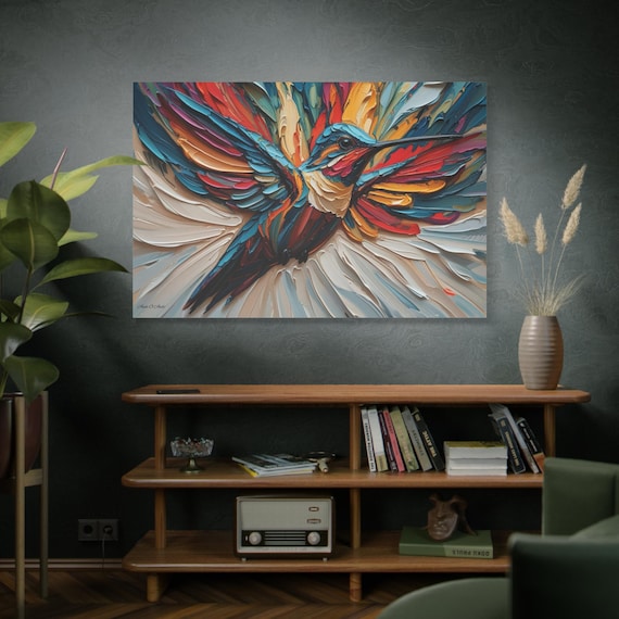 Chromatic Ascent, Colorful Hummingbird Painting Matte Canvas Print, Bird Wal Art, Abstract Bird Art, Vibrant Canvas.